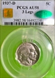 1937-D 5C 3 Legs AU58