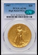 1907 $20 High Relief, Wire Edge AU50