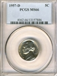 1957-D 5C MS66