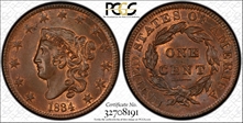 1834 1C Small 8, Newcomb 1 MS66RB