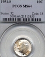 1951-S 10C MS64