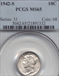 1942-S 10C MS65