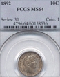1892 10C MS64