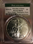 2020-(P) $1 Silver Eagle - Emergency Issue Struck at Philadelphia First Day of Issue MS70