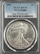 1991 $1 Silver Eagle MS70