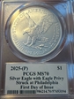 2025-(P) $1 Silver Eagle with Eagle Privy Struck at Philadelphia First Day of Issue Ventris MS70