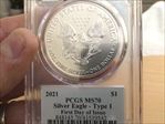 2021 $1 Silver Eagle - Type 1 First Day of Issue Thomas D. Rogers Sr. Signature MS70
