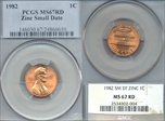 1982 1C Zinc, Small Date MS67RD