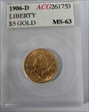 1906-D $5 GOLD LIBERTY MS-63 ACG 261753