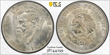 1959-Mo 5 Peso Carranza KM-471  Ag MS65