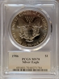 1986 $1 Silver Eagle Mercanti Flag Signature MS70