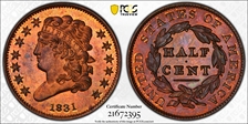 1831  1/2C 1st Restrike, Rev of 1836 PR65+ RB