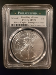 2020-(P) $1 Silver Eagle - Emergency Issue Struck at Philadelphia First Day of Issue MS70