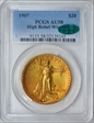 1907 $20 High Relief, Wire Edge AU58