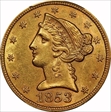 1853 $5 AU58