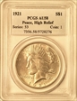 1921 $1 High Relief, Peace AU58