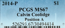 2014-P $1 Calvin Coolidge Position A MS67