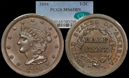 1854 1/2C MS65BN