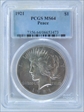 1921 $1 High Relief, Peace MS64