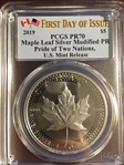 2019 $5 Maple Leaf Silver Modified PR Pride of Two Nations, U.S. Set FDI PR70