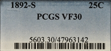 1892-S 25C VF30