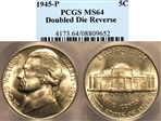 1945-P 5C Doubled Die Reverse MS64