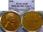 1936 1C Doubled Die Obverse, Type 1 XF45BN