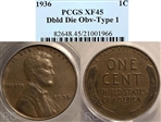 1936 1C Doubled Die Obverse, Type 1 XF45BN