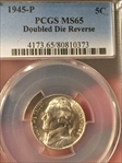 1945-P 5C Doubled Die Reverse MS65