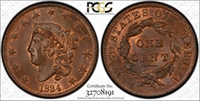 1834 1C Small 8, Newcomb 1 MS66RB