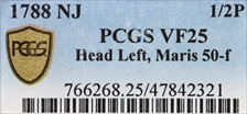 1788 NJ 1/2P Head Left, Maris 50-f VF25BN