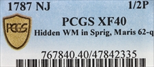 1787 NJ 1/2P Hidden WM in Sprig, Maris 62-q XF40BN