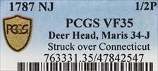 1787 NJ 1/2P Deer Head, Maris 34-J VF35BN