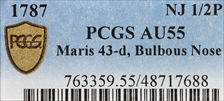 1787 NJ 1/2P Maris 43-d, Bulbous Nose AU55BN