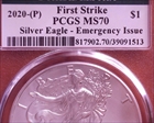 2020-(P) $1 Silver Eagle - Emergency Issue Struck at Philadelphia First Strike MS70