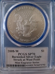 2008-W $1 Burnished Silver Eagle Mint Engraver Series Mercanti Signature SP70