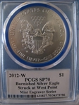 2012-W $1 Burnished Silver Eagle Mint Engraver Series Mercanti Signature SP70