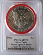 1986 $1 Silver Eagle Mint Engraver Series Mercanti Flag MS70