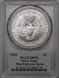 1994 $1 Silver Eagle Mint Engraver Series Mercanti Flag MS70