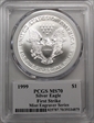 1999 $1 Silver Eagle Mint Engraver Series FS Mercanti Flag Signature MS70