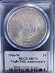 2006-W $1 Burnished Silver Eagle 20th Anniversary SP70
