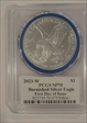 2023-W $1 Burnished Silver Eagle First Day of Issue Emily Damstra Flag SP70