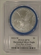 2023-W $1 Burnished Silver Eagle First Day of Issue Emily Damstra Flag SP70