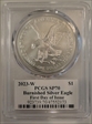 2023-W $1 Burnished Silver Eagle First Day of Issue Emily Damstra Flag SP70