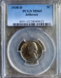 1938-D 5C Jefferson MS65