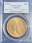 1873-S $20 Closed 3 AU55