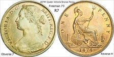 1874 H  QUEEN VICTORIA ONE PENNY  F73 7+H Rarity R7 MS64