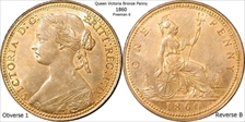 1860 One penny Queen Victoria BEADED BORDER F6 Ms65