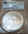 2021 1 Rand Krugerrand Silver First Day of Issue MS70