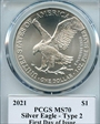 2021 $1 Silver Eagle - Type 2 First Day of Issue Cleveland Eagle with Sun MS70